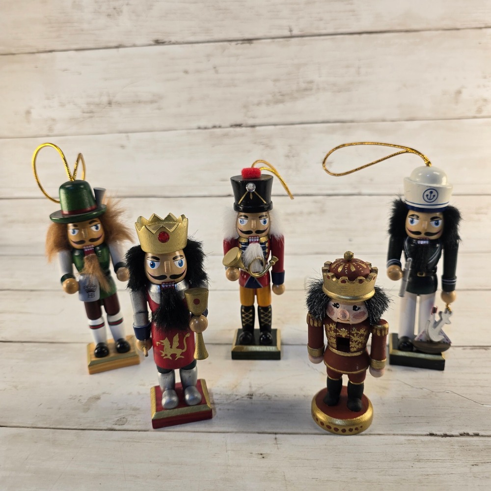 Vintage Wooden Nutcracker Christmas Ornaments Set of 5 King Sailor Soldier Beer